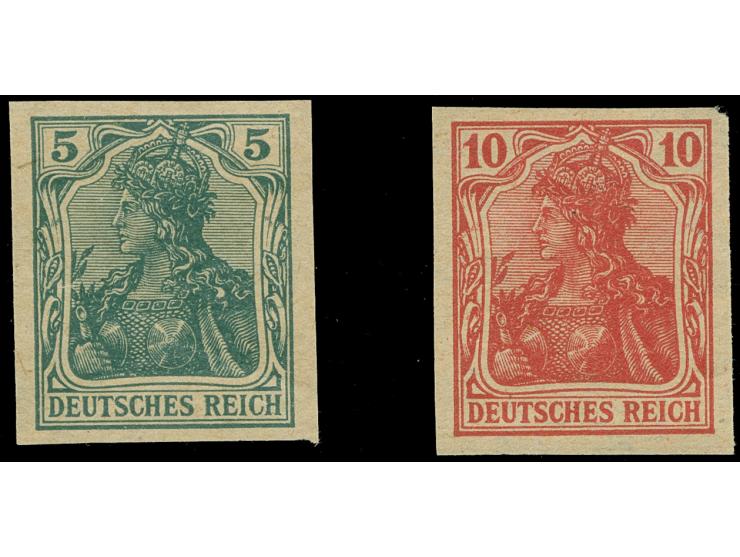 1915, Kriegsdruck, 5 Pfg. und 10 Pfg., ungezähnte Versuchsdrucke auf Papier ohne Wasserzeichen und ohne Gummierung, tadellos,