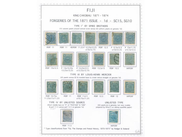 1871/75, King Cakobau Issue collection specialized balance on homemade pages, a study of over 100 forgeries, most by Spiro, w