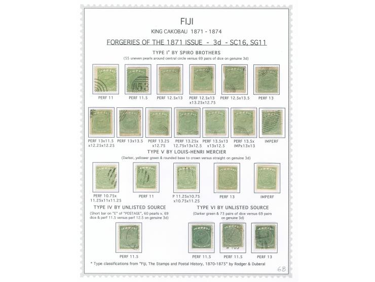 1871/75, King Cakobau Issue collection specialized balance on homemade pages, a study of over 100 forgeries, most by Spiro, w