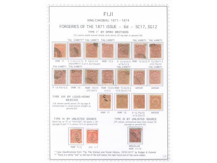 1871/75, King Cakobau Issue collection specialized balance on homemade pages, a study of over 100 forgeries, most by Spiro, w