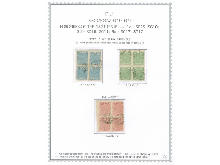 1871/75, King Cakobau Issue collection specialized balance on homemade pages, a study of over 100 forgeries, most by Spiro, w