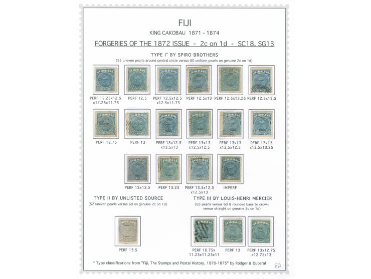 1871/75, King Cakobau Issue collection specialized balance on homemade pages, a study of over 100 forgeries, most by Spiro, w