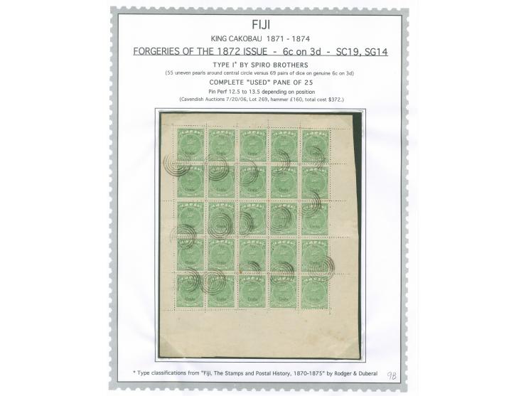 1871/75, King Cakobau Issue collection specialized balance on homemade pages, a study of over 100 forgeries, most by Spiro, w