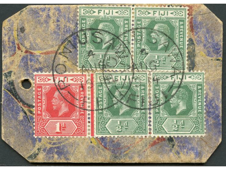 1914, KGV ½ d. greean four stamps and 1 d. carmine, together on tied to parcel tag by PO NIUSAWA 4/AUG/1914 cds., adressed to