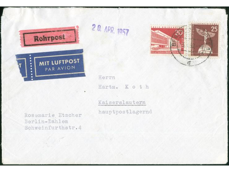 1956, Stadtbilder 20 und 25 Pfg. mit Stempel “BERLIN-WANNSEE 1 5.4.57” als portogerechte Frankatur auf Rohrpost-Luftpostbrief
