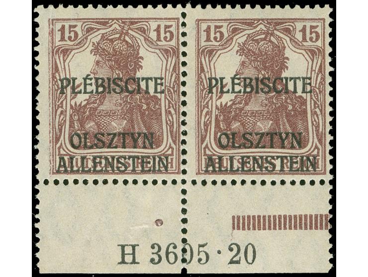 1920, Germania, 15 Pfg. dunkelbraunkarmin, Aufdruckfehler III “Kopf des P von PLEBISCITE geschwungen”, waagerechtes Unterrand
