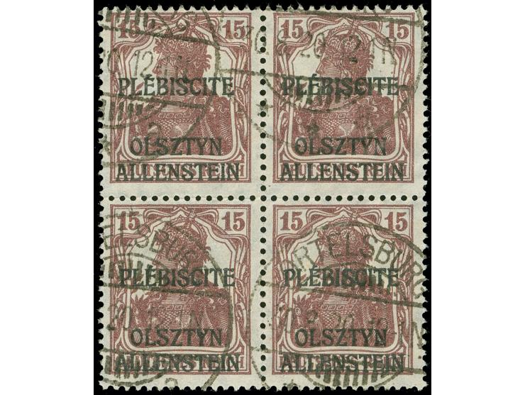 1920, Germania, 15 Pfg. dunkelbraunkarmin, Aufdruckfehler III “Kopf des P von PLEBISCITE geschwungen”, rechte obere Marke inn