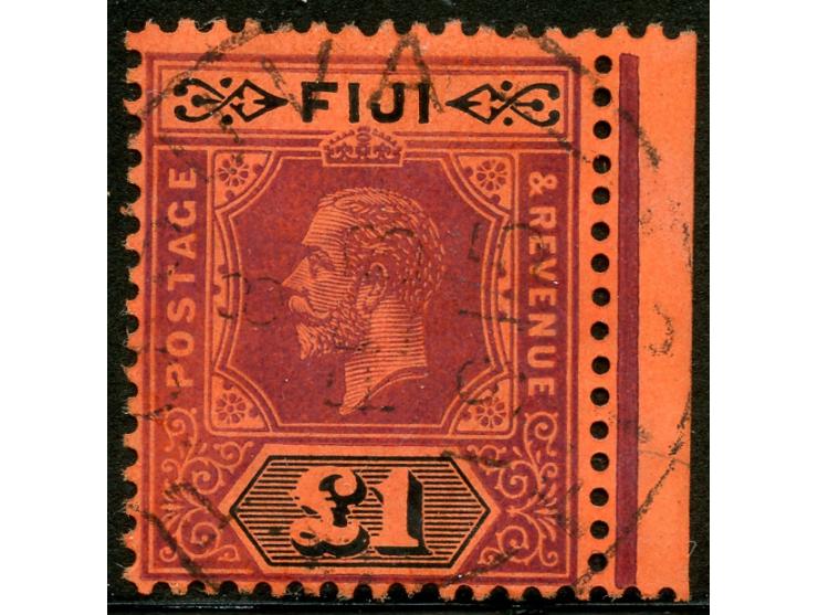 1914, George V, £1 purple and black on red, die I, right margin with good perforation, cancelled SUVA 8/FEB/15, fine. (SG £35