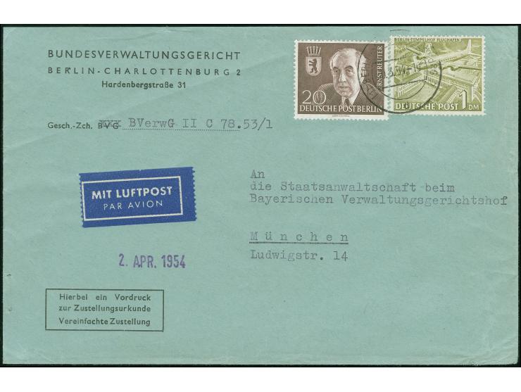 1949, Bauten 1 M. und Ernst Reuter 20 Pfg. mit Stempel “BERLIN-CHARLOTTENBURG 2 30.3.54” als portogerechte Frankatur auf Luft
