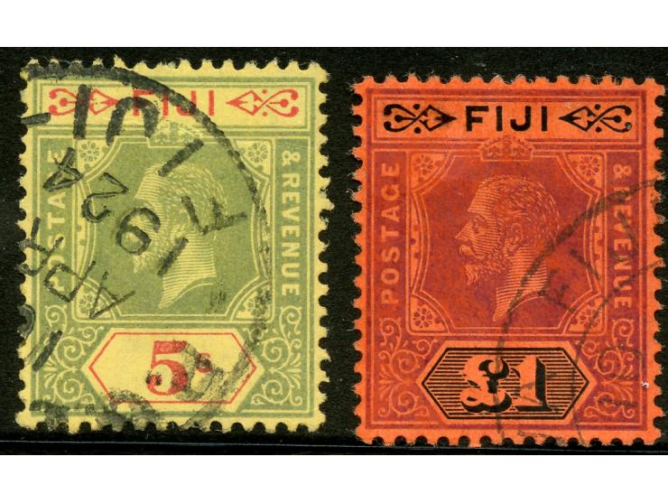 1914, George V, 5 sh. green and red on yellow and £1 purple and black on red, die I, good perforation, both cancelled, fine. 