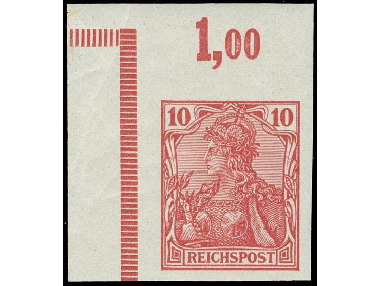 1900, Reichspost, 10 Pfg. dunkelkarminrot, ungezähntes Eckrandstück oben links, postfrisch, tadellos