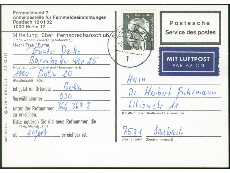 1970, Heinemann 5 Pfg. mit Stempel “BERLIN 205 7.7.80” für die Luftpostgebühr auf sonst portofreier Postsache “Telefonbenachr