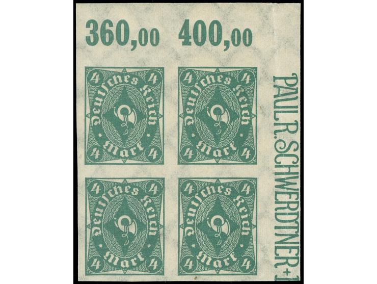 1922/23, Posthorn, 4 M. grün, ungezähnter Eckrandviererblock oben rechts, postfrisch, tadellos&nbsp;
