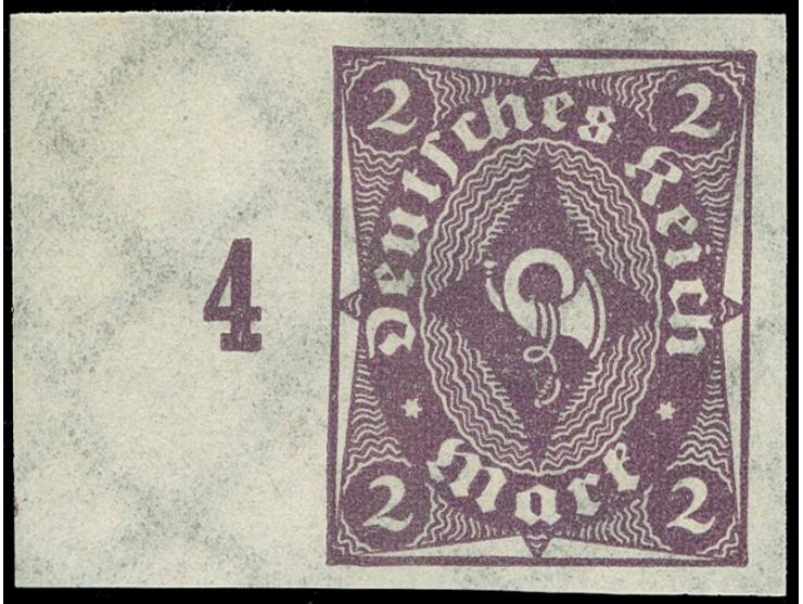 1922/23, Posthorn, 2 M. bläulichviolett, ungezähnt, linkes Seitenrandstück mit Reihenzahl 4, postfrisch, tadellos&nbsp;