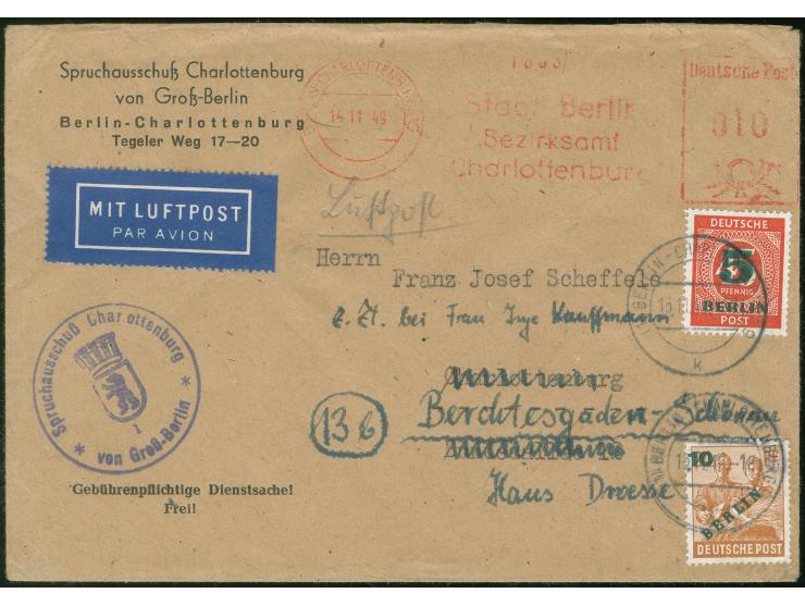 1949, Grünaufdruck 5 und 10 Pfg. mit Stempel “BERLIN-CHARLOTTENBURG 9 15.11.49” als zusätzliche Nachsendefrankatur auf Ortsbr