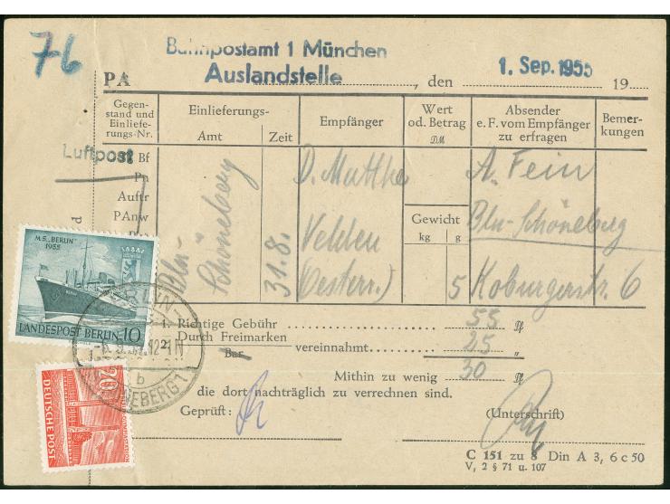 1953, Bauten II 20 Pfg. und Motorschiff Berlin 10 Pfg. mit Stempel “BERLIN-SCHÖNEBERG 1 6.9.55” auf Gebührenmeldung für einen