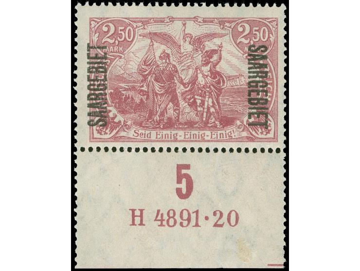1920, Saargebiet auf Germania 2,50 M. rotlila, Unterrandstück mit UR-HAN “H 4891.20”, farbfrisch und gut gezähnt, ungebraucht