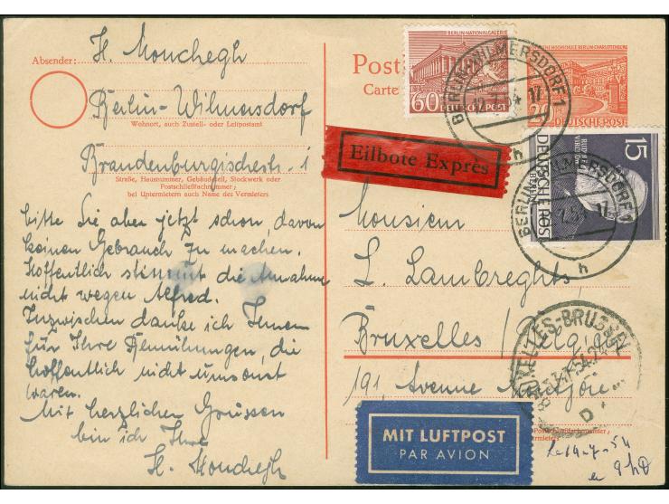 1949, Karte Bauten 20 Pfg. mit portogerechter Zufrankatur Bauten 60 Pfg. und Männer aus der Geschichte Berlins 15 Pfg. je mit