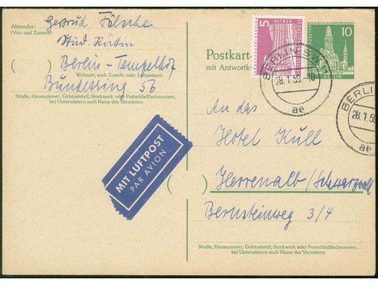 1957/58, Doppelkarte Stadtbilder 10 Pfg. mit portogerechter Zufrankatur 5 Pfg. violett mit Stempel “BERLIN SW11 28.1.59” als 