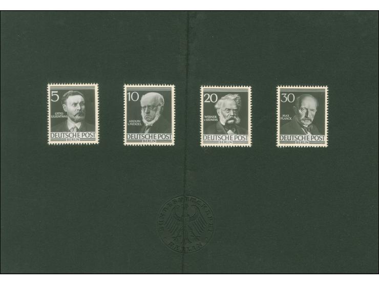 1952, Ankündigungskarton mit Schwarzweiß-Fotos auf gezähnter Papierunterlage Männer der Geschichte Berlin 5,10, 20 und 30 Pfg
