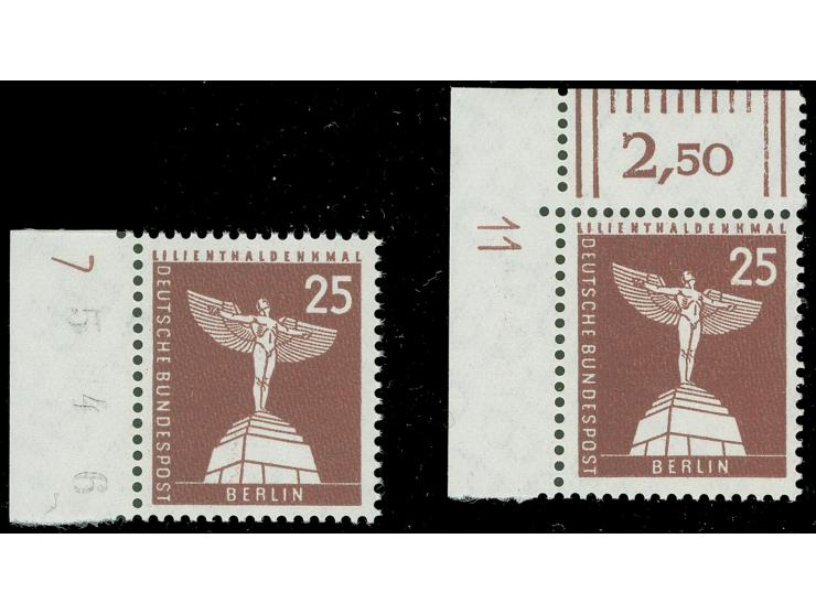 1956, Stadtbilder 25 Pfg., Randstück mit Druckerzeichen “7” und zweite Marke aus der linken oberen Bogenecke mit Druckerzeich