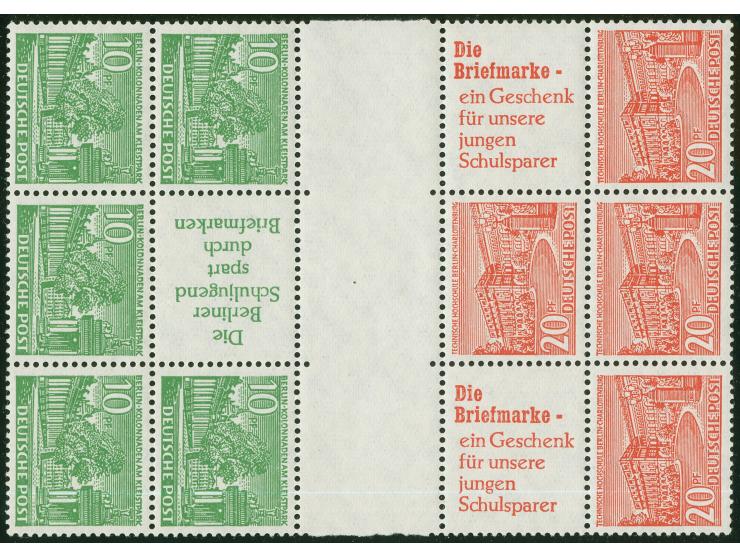 1952, Bauten-Zusammendruck 20 Pfg. + Z + R3 + 10 Pfg. und zweimal 10 Pfg. + Z + R2 + 20 Pfg. als eine Einheit mit weiteren Ma