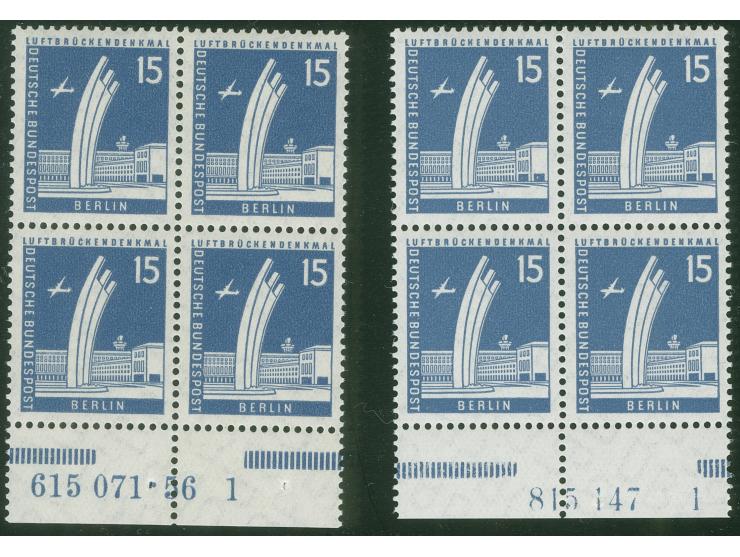 1956, Stadtbilder 15 Pfg., zwei Unterrand-Viererblocks mit HAN “615071.56 1” bzw. “815147 1”, postfrisch, in einwandfreier Er