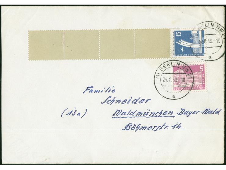 1956, Stadtbilder 15 Pfg., Rollenmarke mit vier anhängenden Leerfeldern und Einzelmarke 5 Pfg. je mit Stempel “BERLIN NW21 24