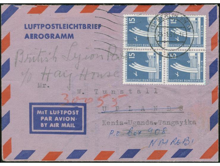 1956, Stadtbilder 15 Pfg. im Viererblock mit Stempel “BERLIN SW11 25.1.59" auf Vordruck-Luftpostleichtbrief mit viel Text nac