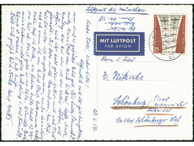 1959, Blockade Berlins 25 Pfg. mit Stempel “BERLIN SW11 20.6.59” auf Luftpostkarte mit Leitvermerk “Luftpost bis München” nac