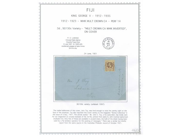 1912/23, George V, 3 d. purple on yellow, variety ‘watermark inverted’, tied to cover by PO LAUTOKA 24/JUN/21 cds., good perf