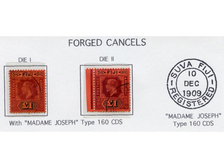 1912/23, George V £1 purple and black on red, two stamps die I and die II, both with forged cancellations SUVA FIJI type ‘Mad