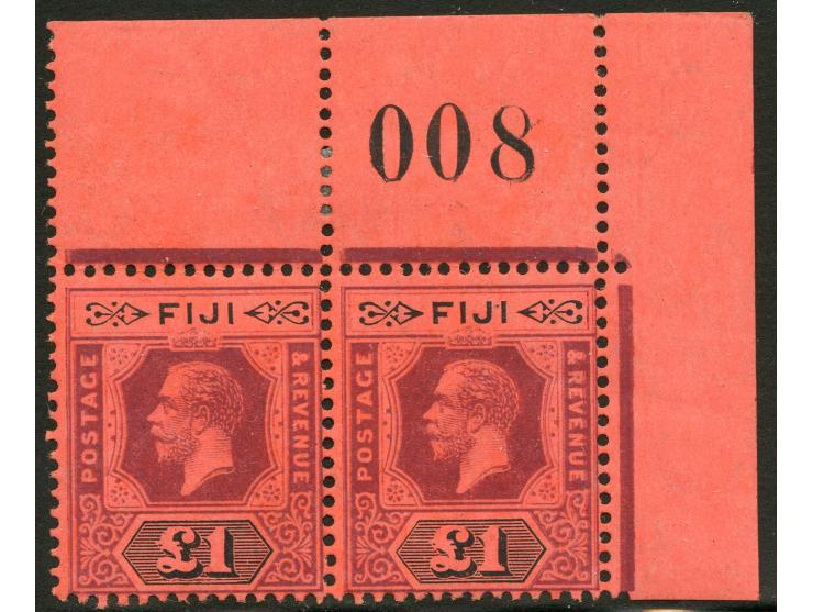 1912/23, George V £1 purple and black on red, die II, top right corner margin with numeral imprint “008”, variety significant