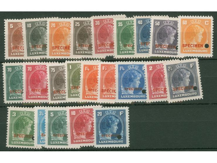 1944, Charlotte 5 c.-20 fr., 23 values complete with overprint "SPECIMEN" and punch hole of the American Banknote Co., unmoun