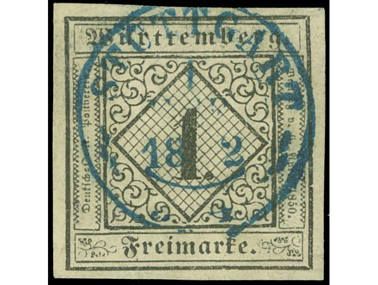 1851, 1 Kr. auf gelbweiß, allseits breitrandig mit blauem DKr. “STUTTGART”, in einwandfreier Erhaltung und bestens sign. Hein