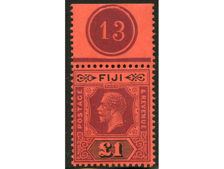 1912/23, George V £1 purple and black on red, die II, top margin with plate number “13”, mint never hinged, good perforations