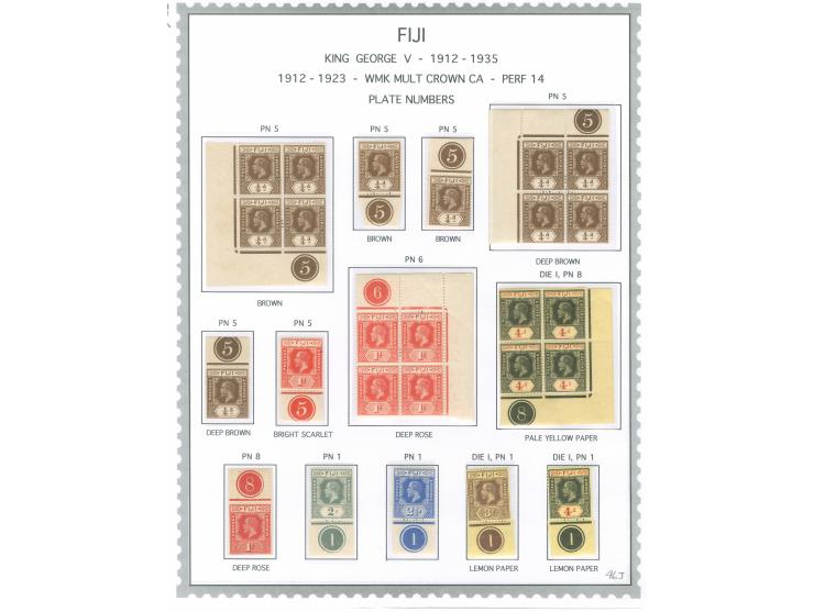 1912/23, George V ¼ d. brown to £1 purple and black on red, two album pages with top and bottom margin stamps and blocks show