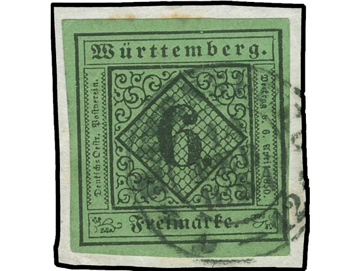 1851, 6 Kr. auf gelblichgrün, Type IIb, allseits voll- bis breitrandig, farbfrisch mit schwarzem DKr. “RAVENSBURG”, in einwan