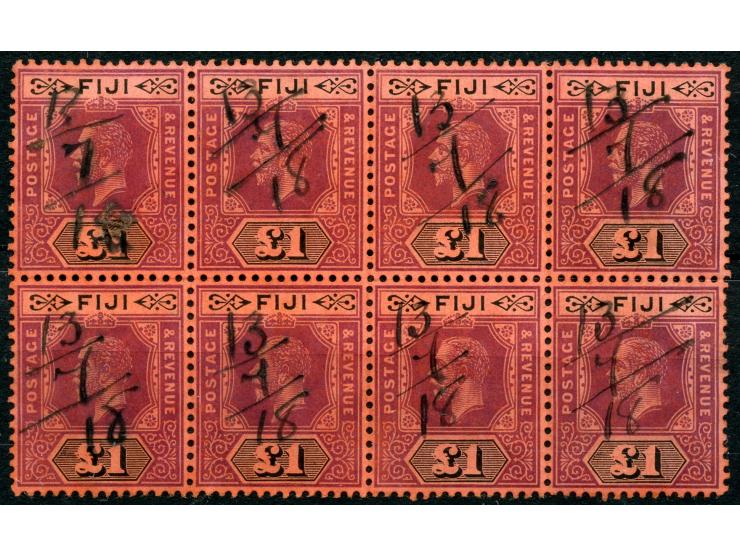 1912/23, George V £1 purple and black on red, ms. 13/7/18 fiscal used block of eight, good perforations, fine and scarce.
