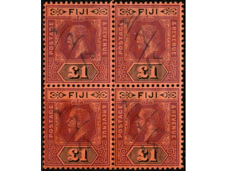 1912/23, George V £1 purple and black on red, ms. 2/7/18 fiscal used block of four, good perforations, fine and scarce.
