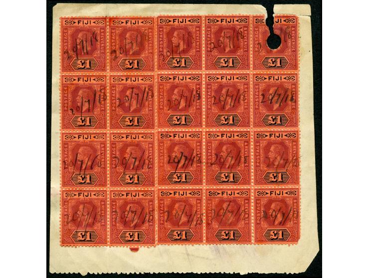 1912/23, George V £1 purple and black on red, ms. 20/7/18 fiscal used block of 20 on reverse of document, one stamp punch hol