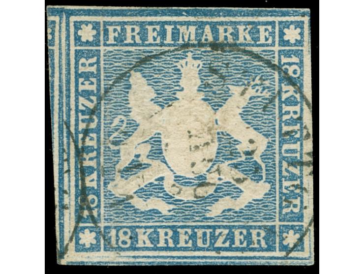 1857, 18 Kr. hellblau, allseits voll- bis überrandig geschnitten mit Teilen von zwei Nachbarmarken, vom oberen Bogenrand stam