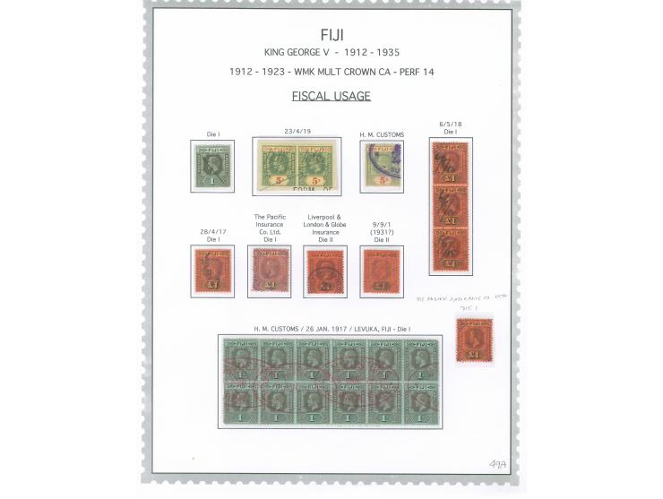 1912/23, George V £1 purple and black on red, strip of three ms. 6/5/18 fiscal used vertical strip of three, 1 sh block of 12