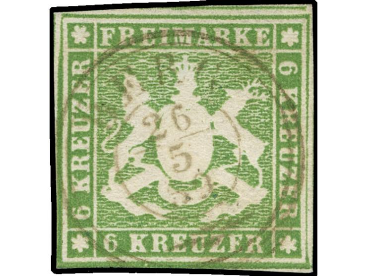 1857, 6 Kr. dunkelolivgrün, zum Teil leicht berührt, ansonsten voll- bis breitrandig geschnitten, farbfrisch mit DKr. “BERG” 