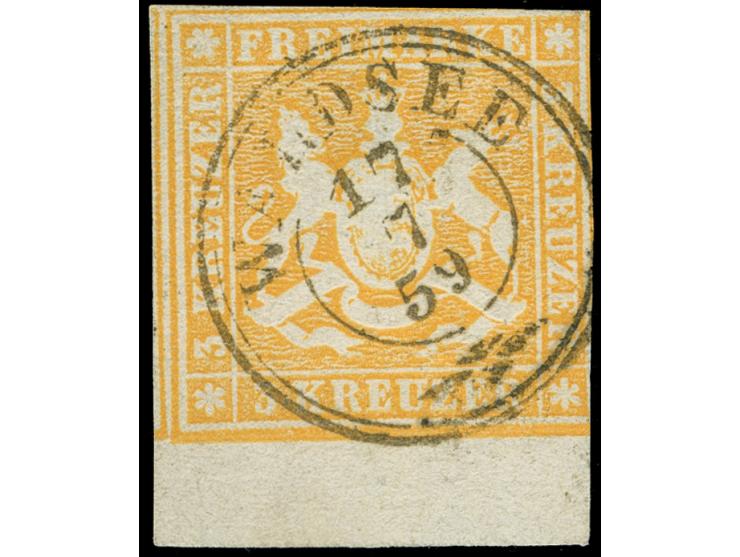 1857, 3 Kr. gelborange, Unterrandstück mit 5,5 mm Rand, an zwei Seiten etwas angeschnitten, ansonsten voll- bis überrandig, f