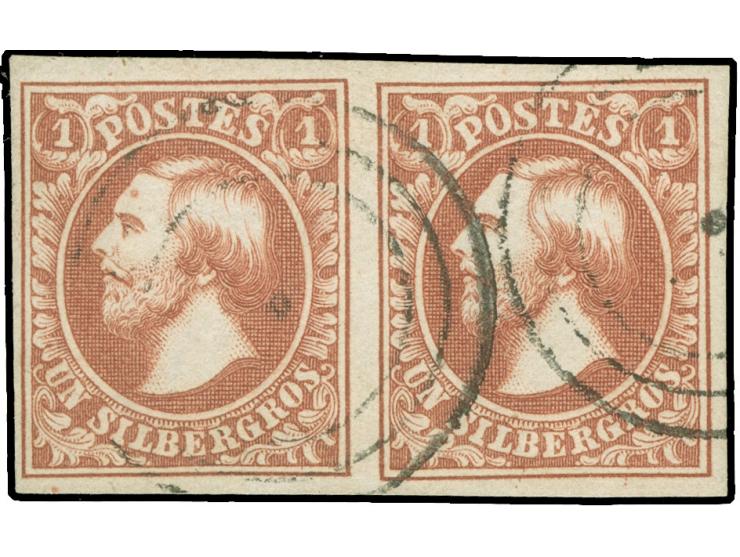 1852, 1 sgr. carmine red, horizontal pair, the left stamps with 'dot on forehead', good to large margins, neatly cancelled by