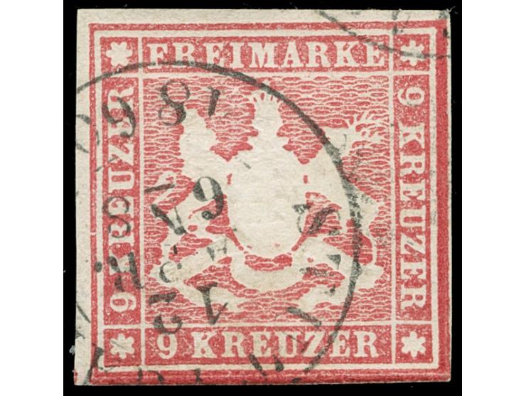 1859, 9 Kr. mittelrotkarmin, allseits vollrandig, aus der rechten unteren Bogenecke stammend mit verdickten Randlinien rechts