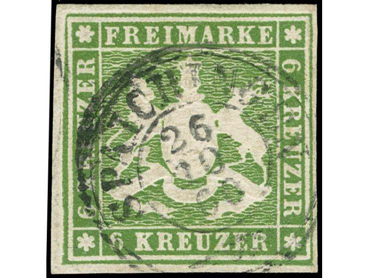 1859, 6 Kr. dunkelolivgrün, allseits vollrandig und farbfrisch mit DKr. “SPAICHINGEN”, in einwandfreier Erhaltung, bestens si