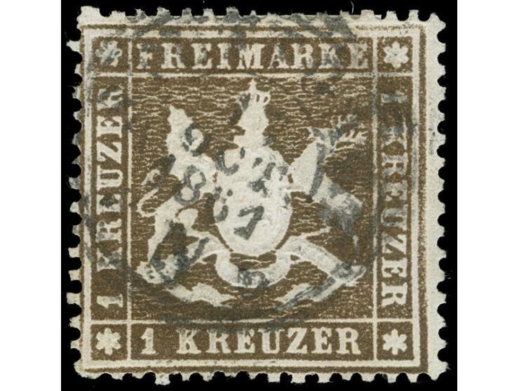 1860, 1 Kr. dunkelbraun auf dünnem Papier, farbfrisch mit DKr. “STUTTGART”, gut gezähnt und in einwandfreier Erhaltung, beste