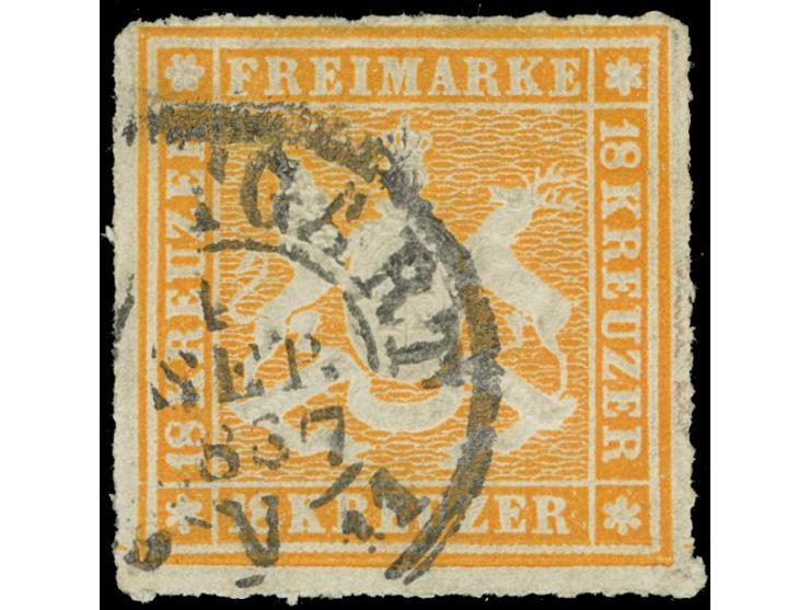 1865, 18 Kr. orange, farbfrisch mit gutem Durchstich, mit klarem DKr. “STUTTGART”, etwas bügig, ansonsten in einwandfreier Er